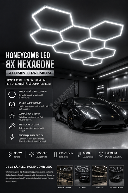 HoneyComb LED 8x Hexagone Aluminiu Premium 350W, 299x315cm, 38500lm, 6500K