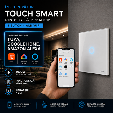 Intrerupator Alb WIFI SMART cu Touch din Sticla 1 Buton Premium Fara NUL