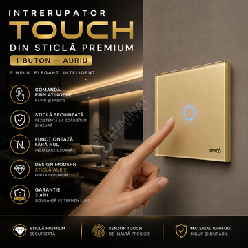 Intrerupator Auriu cu Touch din Sticla 1 Buton Premium