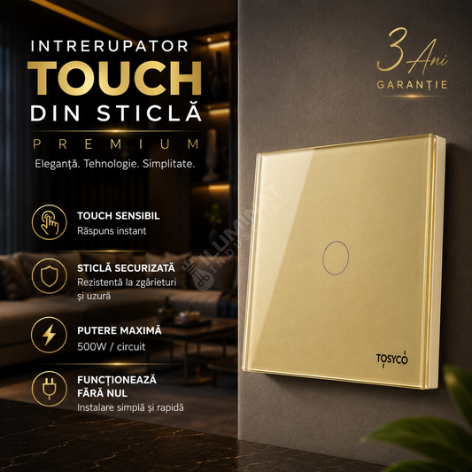 Intrerupator Auriu cu Touch din Sticla 1 Buton Premium