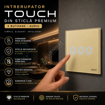 Intrerupator Auriu cu Touch din Sticla 3 Butoane Premium