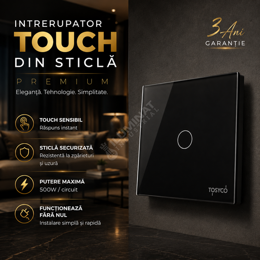 Intrerupator Negru cu Touch din Sticla 1 Buton Premium