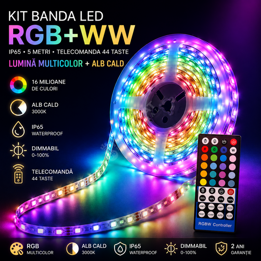 Kit Banda LED RGB+WW IP65 5 metri Telecomanda 44 Taste IR