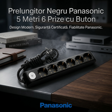 Prelungitor Negru Panasonic 5 Metri 6 Prize cu Buton