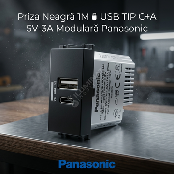 Priza Neagra 1M USB TIP C+A 5V-3A Modulara Panasonic Thea Optima