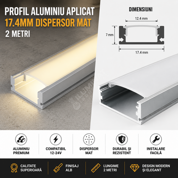 Profil Aluminiu Aplicat 17.4mm Dispersor Mat 2 Metri