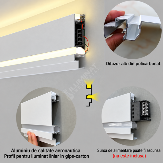 Profil Aluminiu Aplicat Alb Tip Plinta Dispersor Mat, 3 Metri