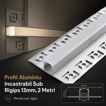 Profil Aluminiu Incastrabil Sub Rigips 13mm, 2 Metri