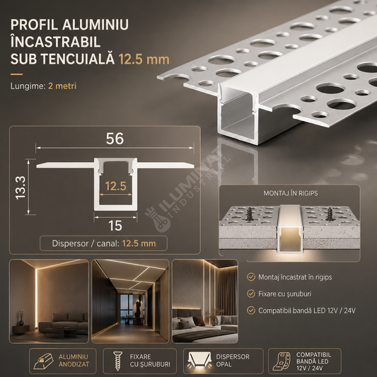 Profil Aluminiu Incastrabil Sub Tencuiala 12.5mm, 2 Metri