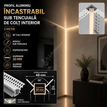 Profil Aluminiu Incastrabil Sub Tencuiala de Colt Interior 2 Metri