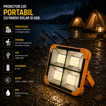 Proiector LED 100W Portabil cu Panou Solar si USB