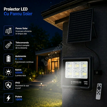 Proiector LED 100W Premium cu Panou Solar Monocristaline si Telecomanda