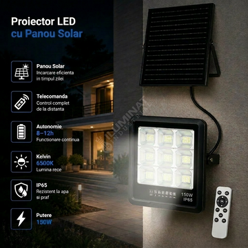 Proiector LED 150W Premium cu Panou Solar Monocristaline si Telecomanda