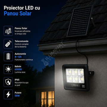 Proiector LED 50W Premium cu Panou Solar Monocristaline si Telecomanda