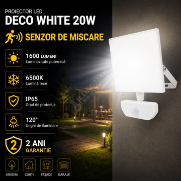 Proiector LED cu Senzor 20W Deco White IP65 1600lm 6500K