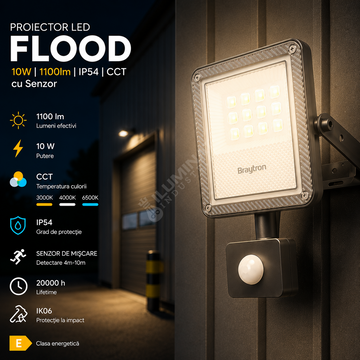 Proiector LED FLOOD Grey 10W IP54 1100lm cu Senzor CCT