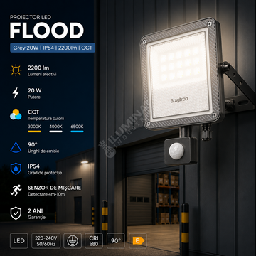 Proiector LED FLOOD Grey 20W IP54 2200lm cu Senzor CCT