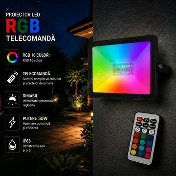 Proiector LED RGB Black 50W IP65, Dimabil cu Telecomanda