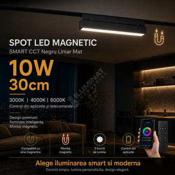 Spot LED 10W 30cm Magnetic SMART CCT Negru Liniar Mat Telecomanda