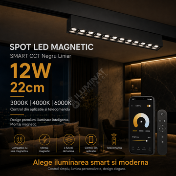 Spot LED 12W 22cm Magnetic Liniar SMART CCT Negru Telecomanda