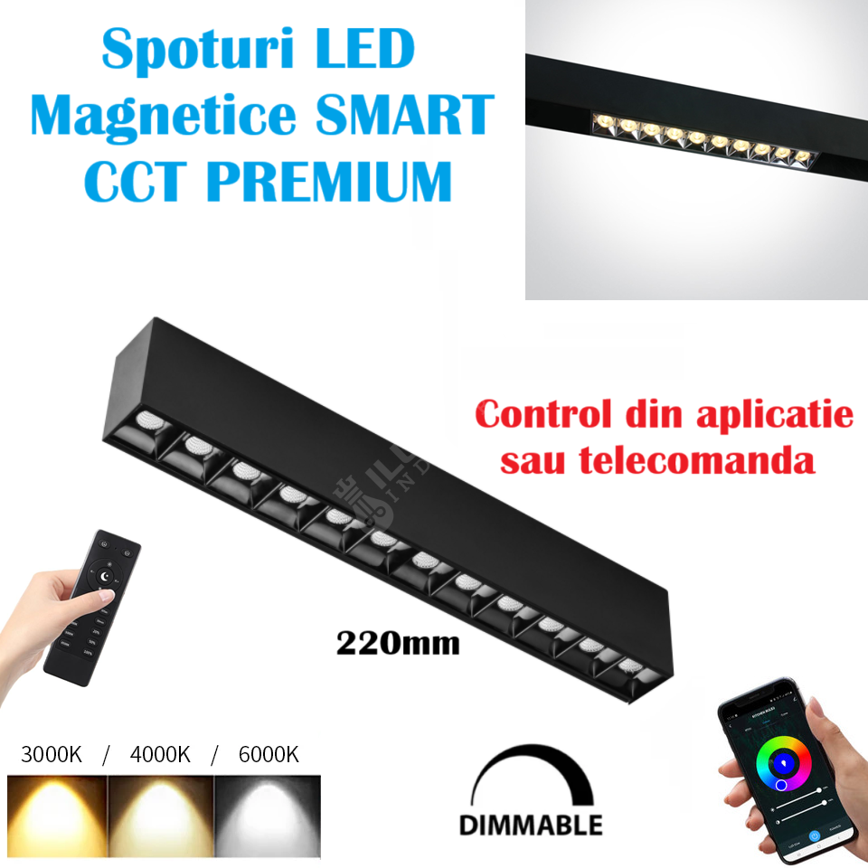 Spot Led 12W 22Cm Magnetic Liniar Smart Cct Negru Telecomanda Track Light