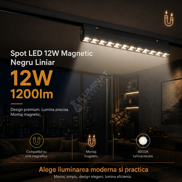 Spot LED 12W Magnetic Negru Liniar