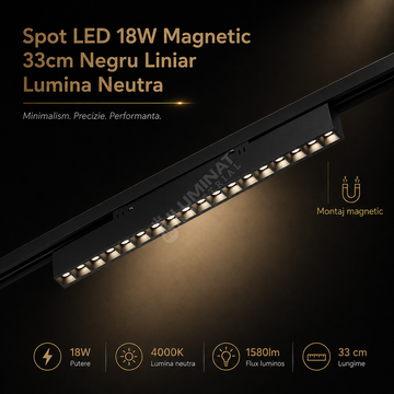Spot LED 18W Magnetic 33cm Negru Liniar Lumina Neutra