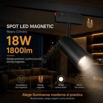 Spot LED 18W Magnetic Negru Cilindru