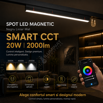 Spot LED 20W 60cm Magnetic SMART CCT Negru Liniar Mat Telecomanda