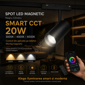 Spot LED 20W Magnetic Cilindru SMART CCT Negru Telecomanda