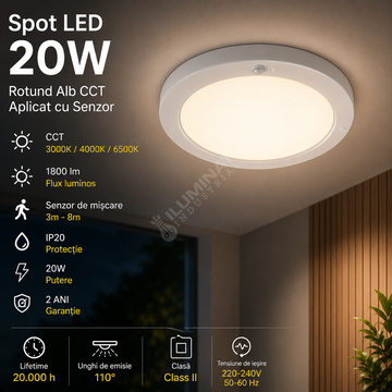 Spot LED 20W Rotund Alb CCT / ⌀220mm / Aplicat cu Senzor