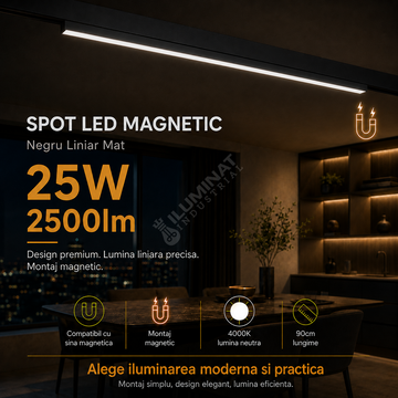 Spot LED 25W 90cm Magnetic Negru Liniar Mat