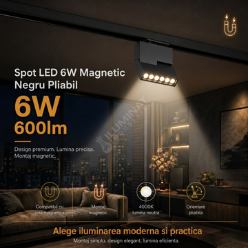 Spot LED 6W Magnetic Negru Pliabil