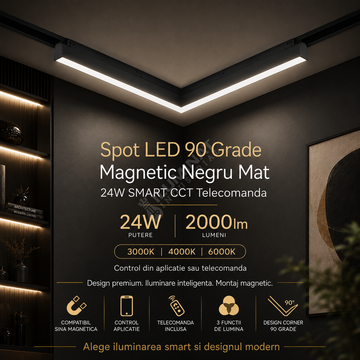 Spot LED 90 Grade Magnetic Negru Mat 24W SMART CCT Telecomanda