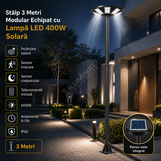 Stalp 3 Metri Modular + Lampa UFO LED 400W Solara si Telecomanda