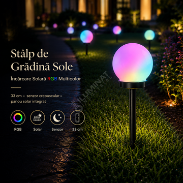 Stalp de Gradina Sole cu Incarcare Solara RGB 33cm