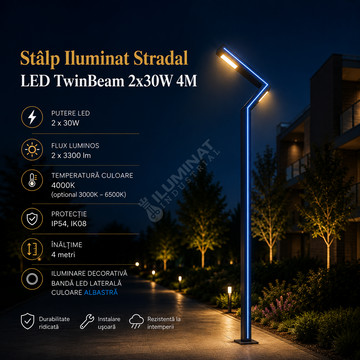 Stalp Iluminat Stradal LED TwinBeam 2x30W 4M