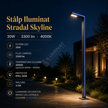 Stalp Iluminat Stradal Skyline 30W CCT + Lumina Albastra – 4M