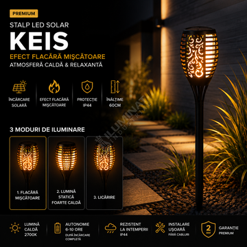 Stalp LED Gradina KEIS Efect Flacara, 60cm, 3 Moduri de iluminare cu Incarcare Solara