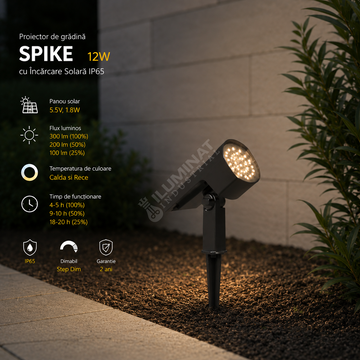 Stalp LED Gradina SPIKE 12W Dimabil cu Incarcare Solara IP65