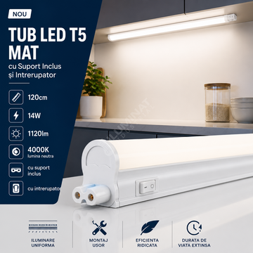 Tub LED T5 Mat cu Suport Inclus si Intrerupator 120cm 14W, 1120lm, 4000K