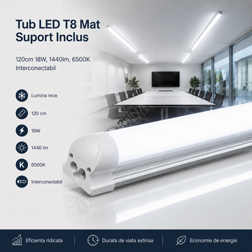 Tub LED T8 Mat Suport Inclus 120cm 18W, 1440lm, 6500K Interconectabil