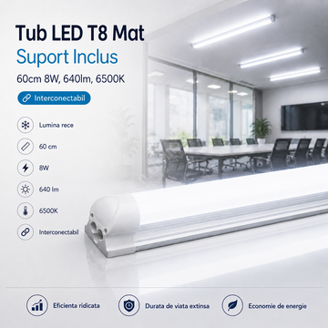 Tub LED T8 Mat Suport Inclus 60cm 8W, 640lm, 6500K Interconectabil