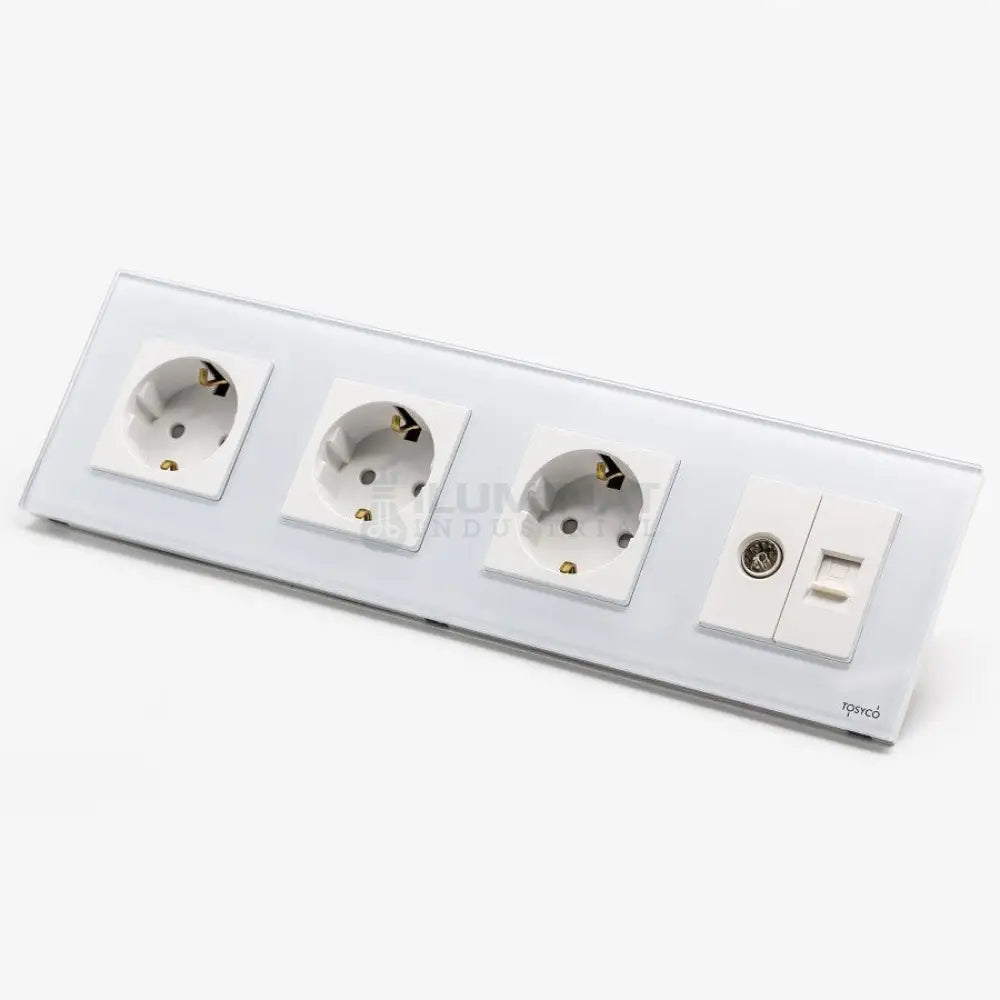 Priză Schuko Triplă + Tv Lan Cu Ramă Din Sticlă
