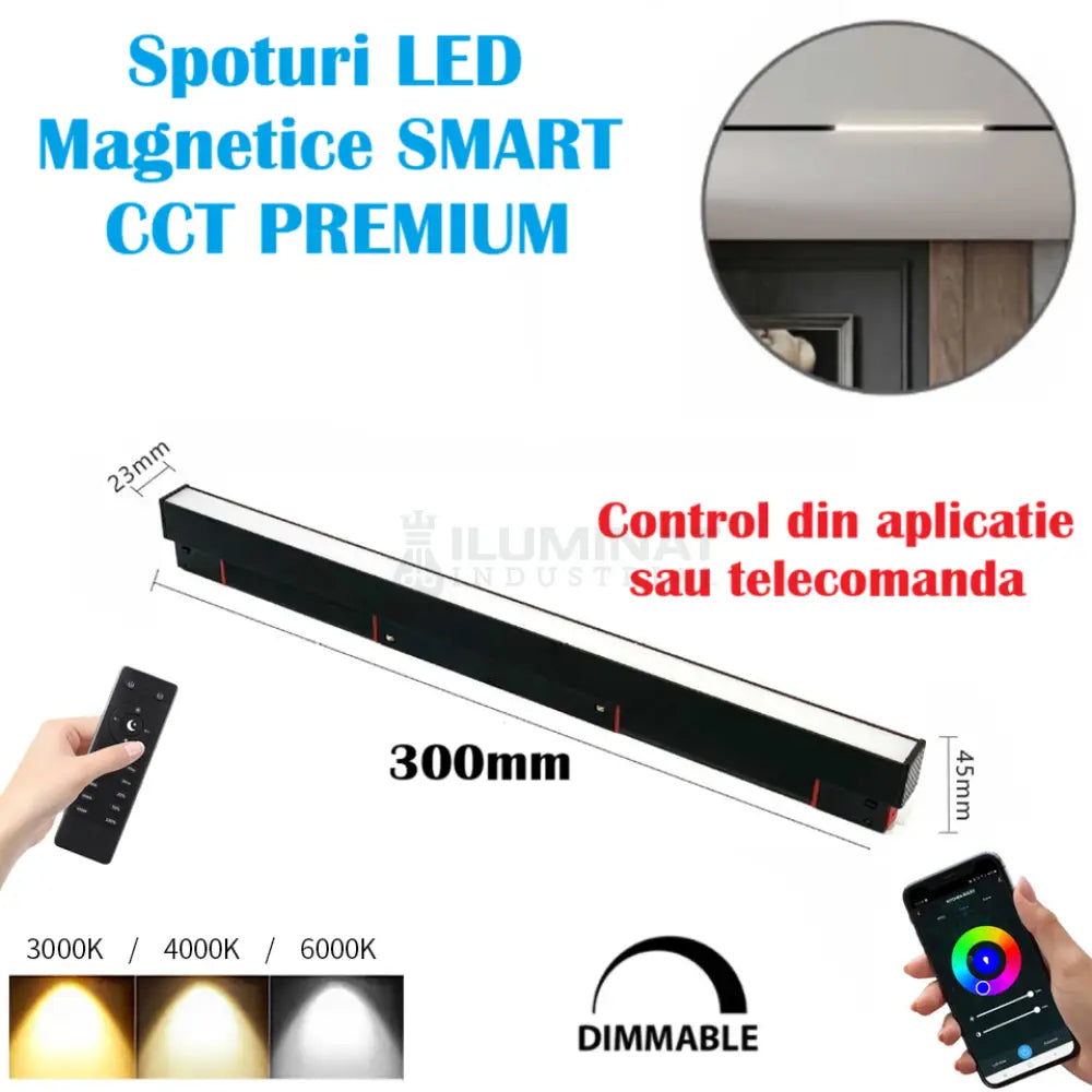 Spot Led 10W 30Cm Magnetic Smart Cct Negru Liniar Mat Telecomanda Track Light