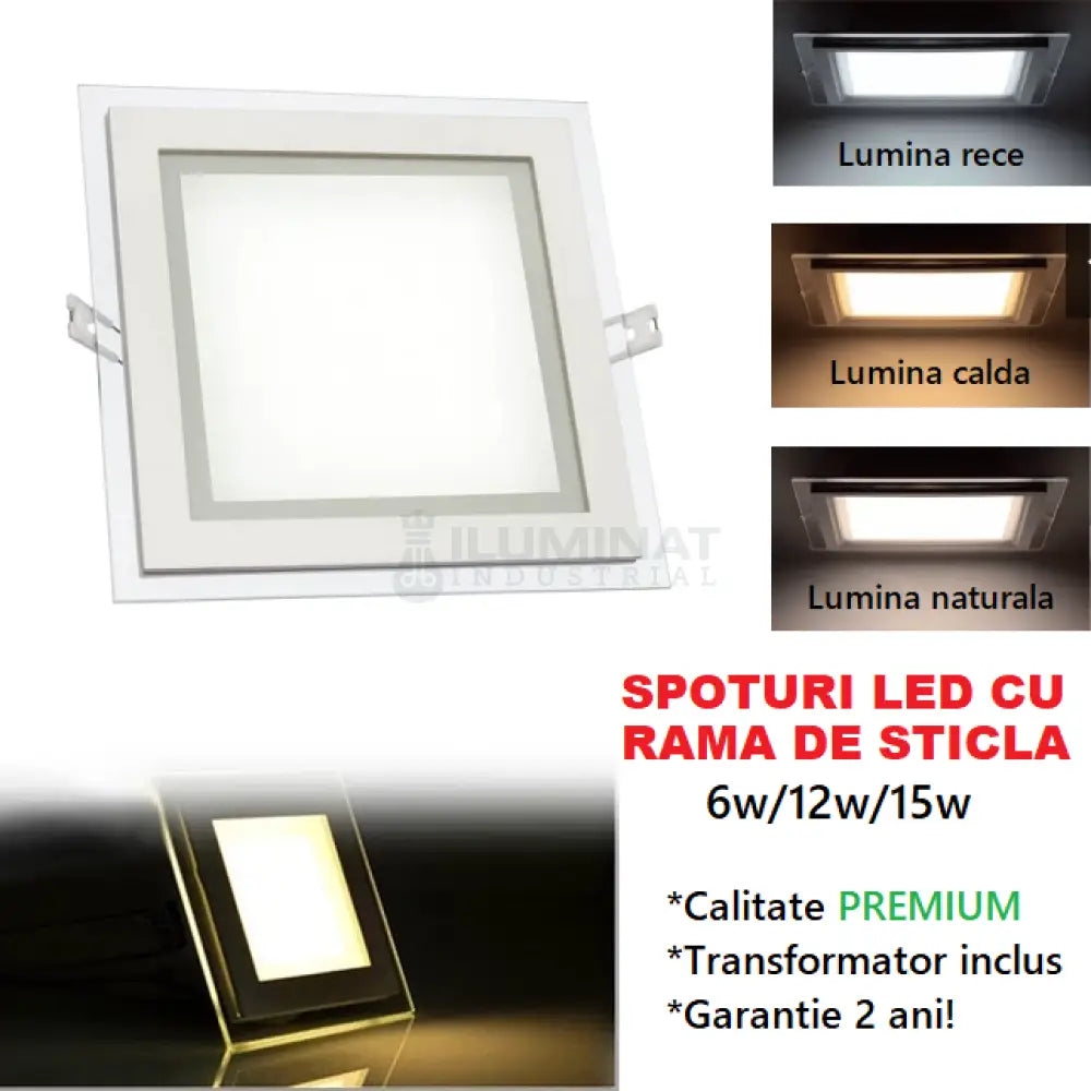 Spot Led 15W Patrat Mat Rama Sticla / 200X200Mm Incastrabil Led Spot Light