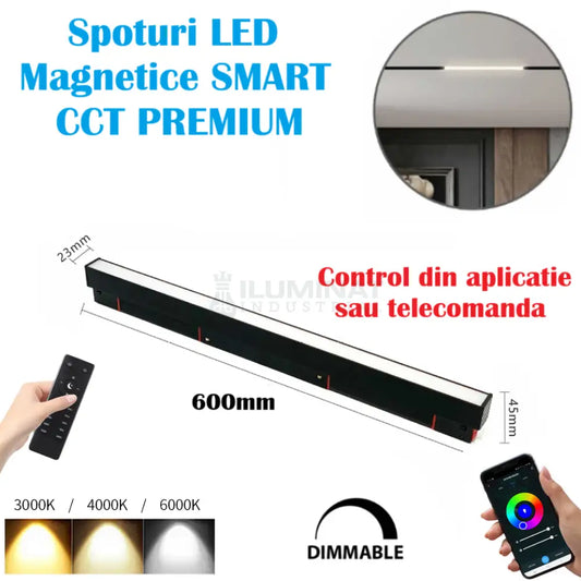 Spot LED 20W 60cm Magnetic SMART CCT Negru Liniar Mat Telecomanda