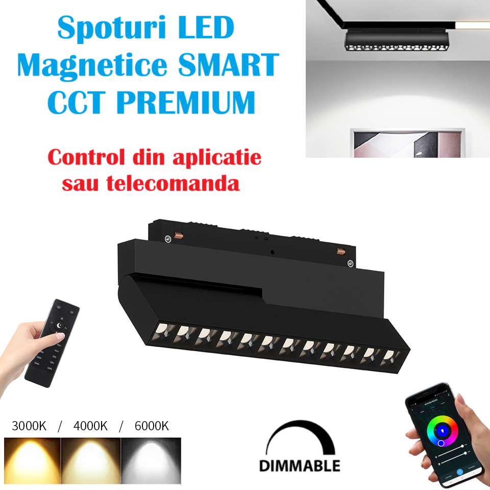 Spot Led 12W Magnetic Pliabil Smart Cct Negru Telecomanda Track Light