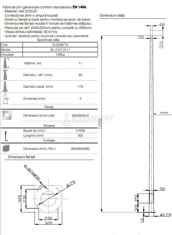 Stalp Iluminat Stradal Galvanizat Flansa 11 Metri