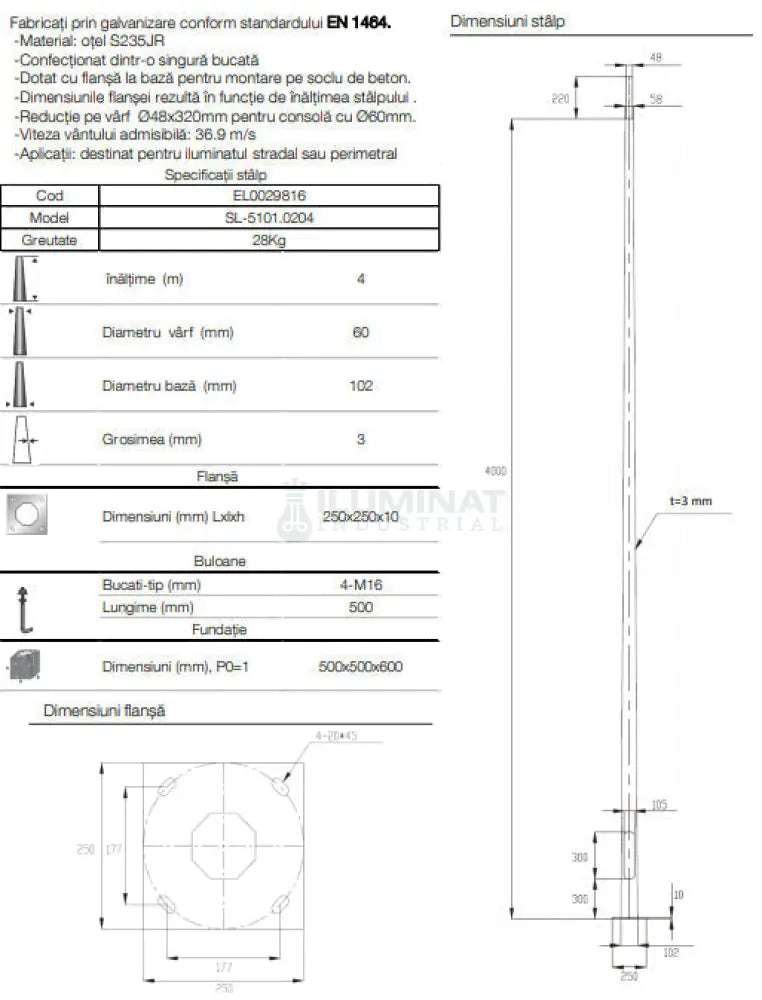 Stalp Iluminat Stradal Galvanizat Flansa 4 Metri